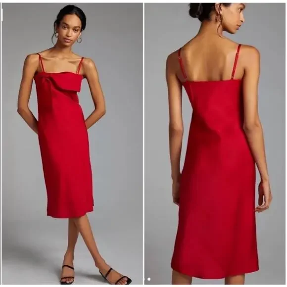 Anthropologie Hutch Satin Bow Front Slip Midi Dress In Red Size S - Picture 2 of 7